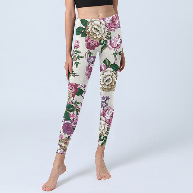 Buddha Stones Red White Peony Flower Print Sports Leggings Women's Yoga Pants