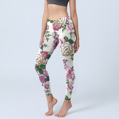 Buddha Stones Red White Peony Flower Print Sports Leggings Women's Yoga Pants - Seashell - US18，UK/AU22，EU50 (4XL) - image 1