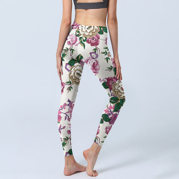 Buddha Stones Red White Peony Flower Print Sports Leggings Women's Yoga Pants - image 5