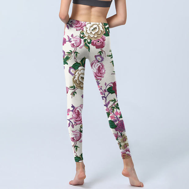 Buddha Stones Red White Peony Flower Print Sports Leggings Women's Yoga Pants