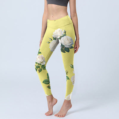 Buddha Stones Yellow White Rose Print Sports Leggings Women's Yoga Pants - Yellow - US18，UK/AU22，EU50 (4XL) - image 1