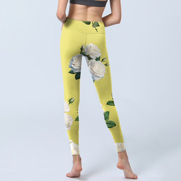 Buddha Stones Yellow White Rose Print Sports Leggings Women's Yoga Pants