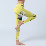 Buddha Stones Yellow White Rose Print Sports Leggings Women's Yoga Pants