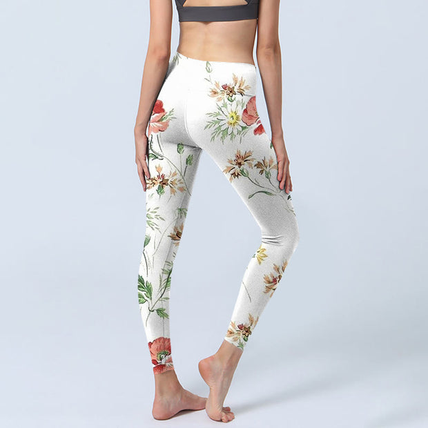 Buddha Stones White Daisy Red Flower Print Sports Leggings Women's Yoga Pants