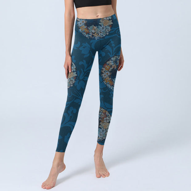 Buddha Stones Dark Blue Flowers In Bloom Print Sports Leggings Women's Yoga Pants