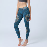 Buddha Stones Dark Blue Flowers In Bloom Print Sports Leggings Women's Yoga Pants - SteelBlue - US18，UK/AU22，EU50 (4XL) - image 1