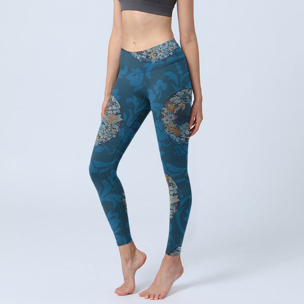 Buddha Stones Dark Blue Flowers In Bloom Print Sports Leggings Women's Yoga Pants - SteelBlue - US18，UK/AU22，EU50 (4XL) - image 1