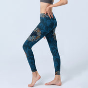 Buddha Stones Dark Blue Flowers In Bloom Print Sports Leggings Women's Yoga Pants