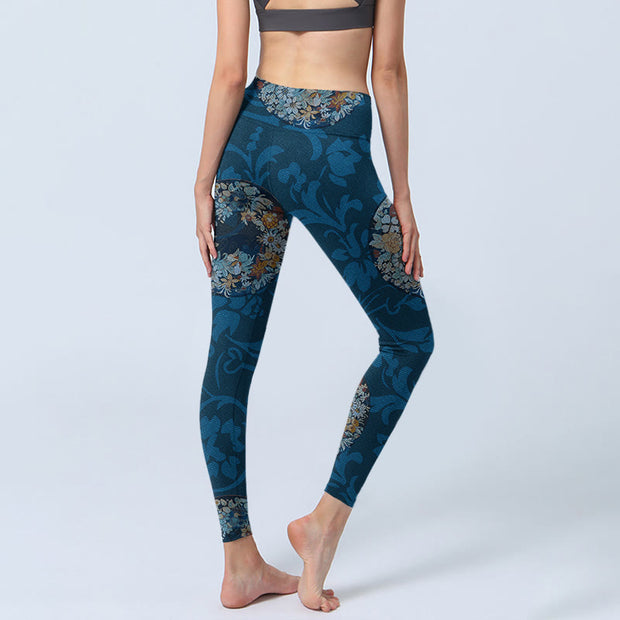 Buddha Stones Dark Blue Flowers In Bloom Print Sports Leggings Women's Yoga Pants