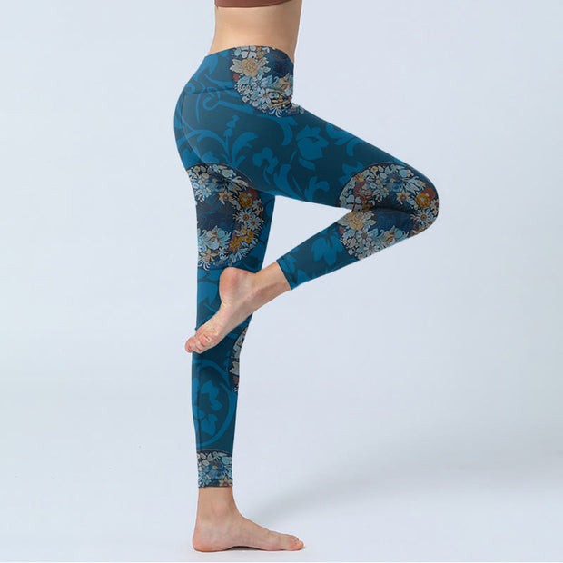 Buddha Stones Dark Blue Flowers In Bloom Print Sports Leggings Women's Yoga Pants