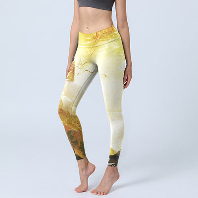 Buddha Stones Golden Auspicious Cloud Figure Print Fitness Leggings Women's Yoga Pants - LightGoldenrodYellow - US18，UK/AU22，EU50 (4XL) - image 1