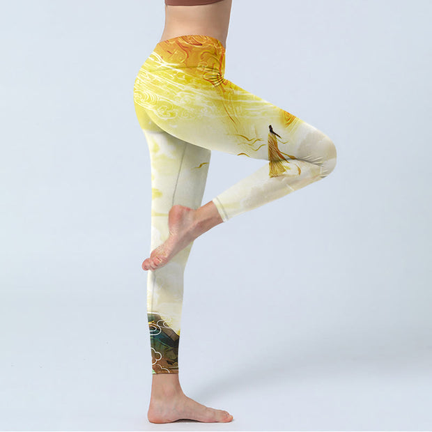 Buddha Stones Golden Auspicious Cloud Figure Print Fitness Leggings Women's Yoga Pants - image 5