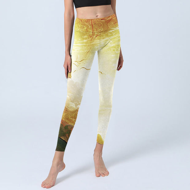 Buddha Stones Golden Auspicious Cloud Figure Print Fitness Leggings Women's Yoga Pants