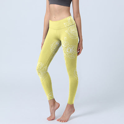 Buddha Stones Yellow Rose Print Fitness Leggings Women's Yoga Pants - LemonChiffon - US18，UK/AU22，EU50 (4XL) - image 1