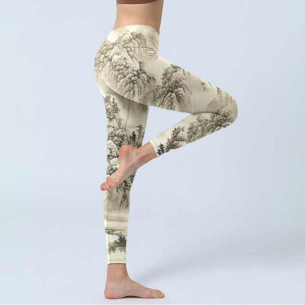 Buddha Stones Mountain Tree River Scenery Print Sports Leggings Women's Yoga Pants - image 3