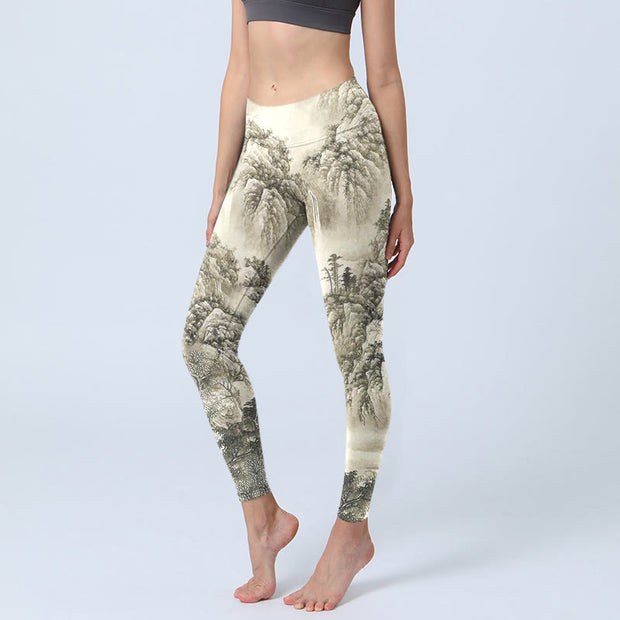 Buddha Stones Mountain Tree River Scenery Print Sports Leggings Women's Yoga Pants