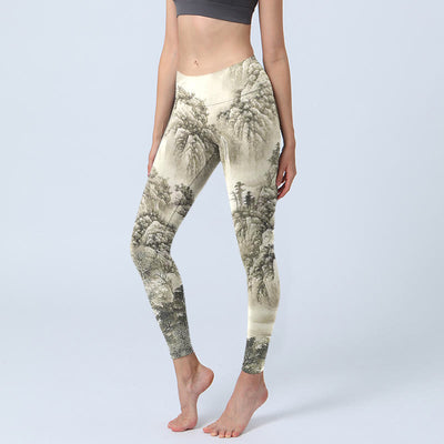 Buddha Stones Mountain Tree River Scenery Print Sports Leggings Women's Yoga Pants - Beige - US18，UK/AU22，EU50 (4XL) - image 1