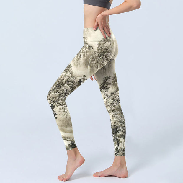 Buddha Stones Mountain Tree River Scenery Print Sports Leggings Women's Yoga Pants - image 4
