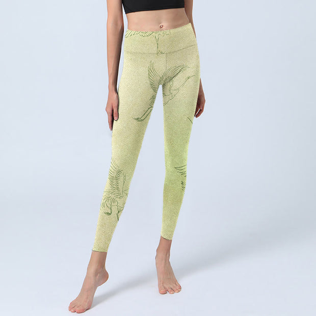 Buddha Stones Light Yellow Crane Print Sports Leggings Women's Yoga Pants - image 6