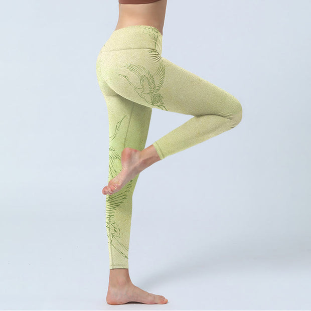 Buddha Stones Light Yellow Crane Print Sports Leggings Women's Yoga Pants - image 4