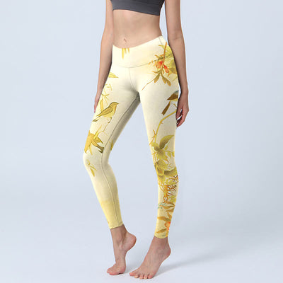 Buddha Stones Light Yellow Peony Flowers Birds Print Sports Leggings Women's Yoga Pants - LightYellow - US18，UK/AU22，EU50 (4XL) - image 1