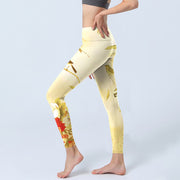 Buddha Stones Light Yellow Peony Flowers Birds Print Sports Leggings Women's Yoga Pants - image 3