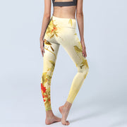 Buddha Stones Light Yellow Peony Flowers Birds Print Sports Leggings Women's Yoga Pants - image 5