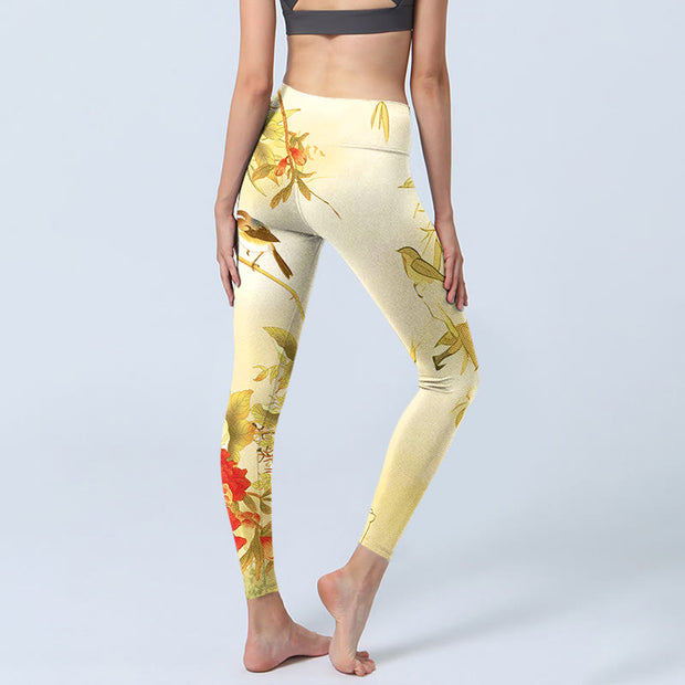 Buddha Stones Light Yellow Peony Flowers Birds Print Sports Leggings Women's Yoga Pants - image 5