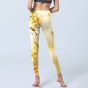Buddha Stones Light Yellow Peony Flowers Birds Print Sports Leggings Women's Yoga Pants - image 7