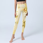 Buddha Stones Light Yellow Peony Flowers Birds Print Sports Leggings Women's Yoga Pants - image 6