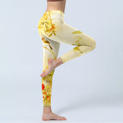 Buddha Stones Light Yellow Peony Flowers Birds Print Sports Leggings Women's Yoga Pants - image 4
