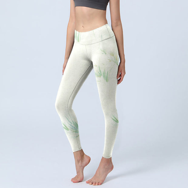 Buddha Stones Green Bamboo Leaves Print Sports Leggings Women's Yoga Pants - Ivory - US18，UK/AU22，EU50 (4XL) - image 1