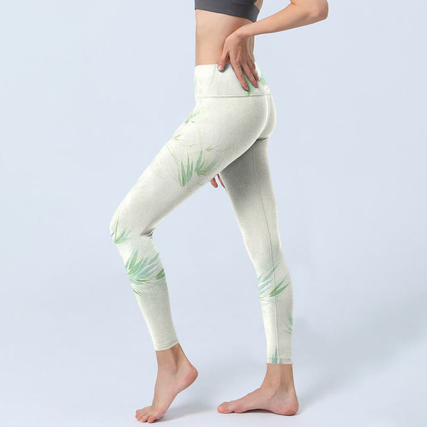 Buddha Stones Green Bamboo Leaves Print Sports Leggings Women's Yoga Pants - image 3