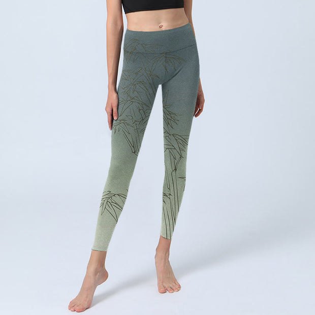 Buddha Stones Bamboo Leaves Sketch Print Sports Leggings Women's Yoga Pants