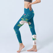 Buddha Stones Blue White Flowers Leaves Print Sports Leggings Women's Yoga Pants - image 3