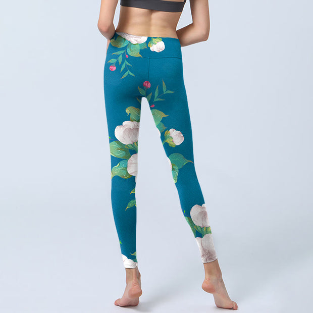 Buddha Stones Blue White Flowers Leaves Print Sports Leggings Women's Yoga Pants - image 7