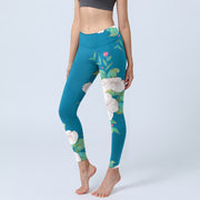 Buddha Stones Blue White Flowers Leaves Print Sports Leggings Women's Yoga Pants - DeepSkyBlue - US18，UK/AU22，EU50 (4XL) - image 1