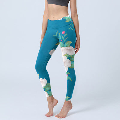 Buddha Stones Blue White Flowers Leaves Print Sports Leggings Women's Yoga Pants - DeepSkyBlue - US18，UK/AU22，EU50 (4XL) - image 1