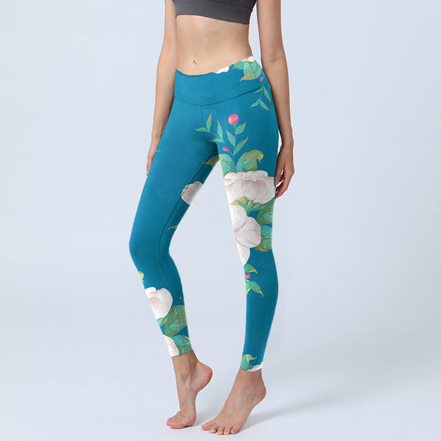Buddha Stones Blue White Flowers Leaves Print Sports Leggings Women's Yoga Pants - DeepSkyBlue - US18，UK/AU22，EU50 (4XL) - image 1