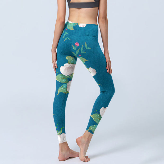 Buddha Stones Blue White Flowers Leaves Print Sports Leggings Women's Yoga Pants - image 5