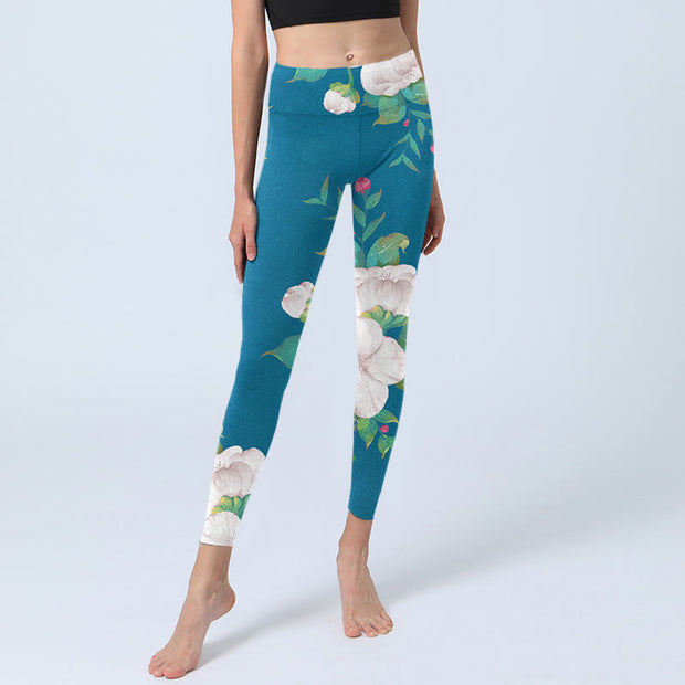 Buddha Stones Blue White Flowers Leaves Print Sports Leggings Women's Yoga Pants - image 6