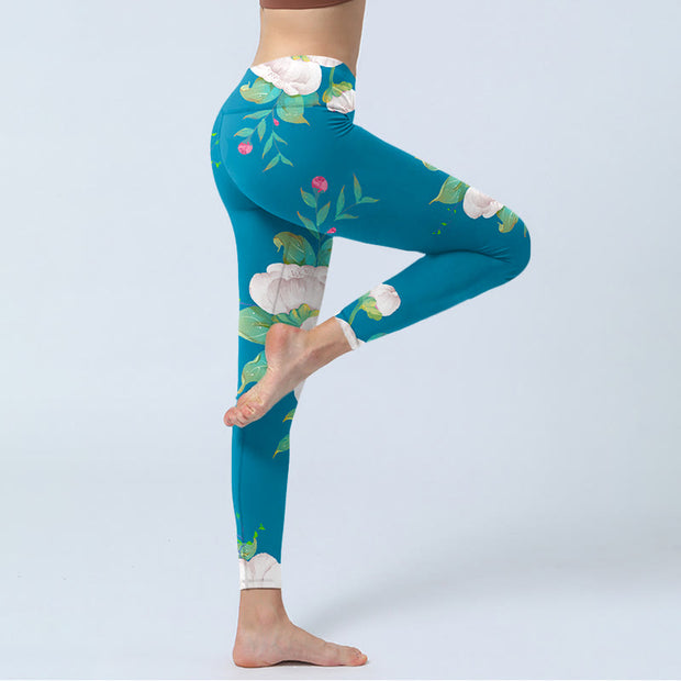 Buddha Stones Blue White Flowers Leaves Print Sports Leggings Women's Yoga Pants - image 4