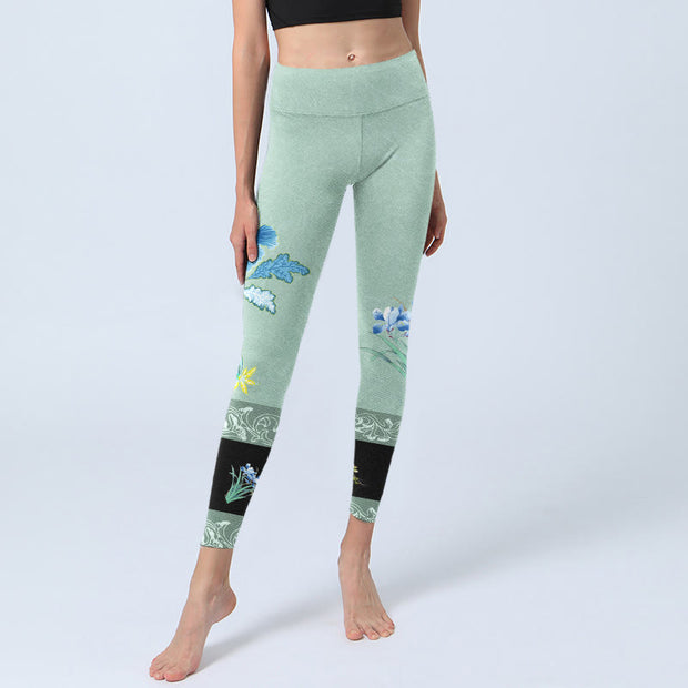 Buddha Stones Mint Green Blue Peony Butterfly Print Sports Leggings Women's Yoga Pants