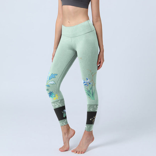 Buddha Stones Mint Green Blue Peony Butterfly Print Sports Leggings Women's Yoga Pants