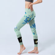 Buddha Stones Mint Green Blue Peony Butterfly Print Sports Leggings Women's Yoga Pants - image 3
