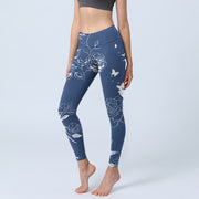 Buddha Stones Blue Rose Butterfly Print Sports Leggings Women's Yoga Pants - SteelBlue - US18，UK/AU22，EU50 (4XL) - image 1