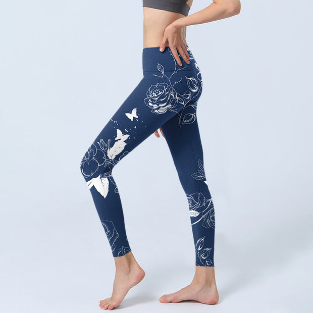 Buddha Stones Blue Rose Butterfly Print Sports Leggings Women's Yoga Pants - image 4