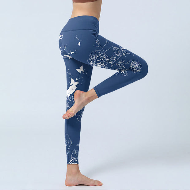 Buddha Stones Blue Rose Butterfly Print Sports Leggings Women's Yoga Pants - image 5