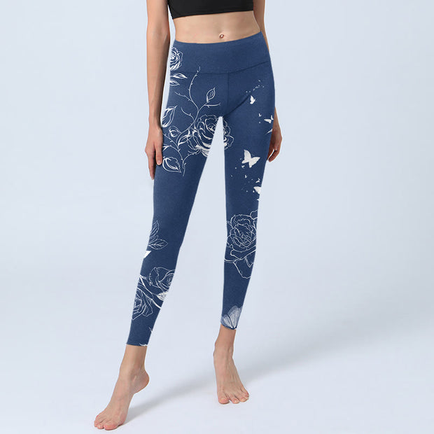 Buddha Stones Blue Rose Butterfly Print Sports Leggings Women's Yoga Pants - image 7