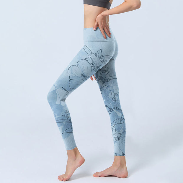 Buddha Stones Blue Flower Sketch Print Sports Leggings Women's Yoga Pants - image 3